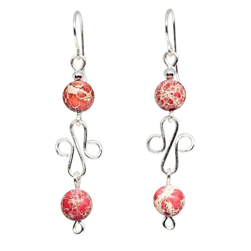 Pink Imperial Jasper Gemstone Beaded Silver Tone Boho Dangle Earrings Handmade